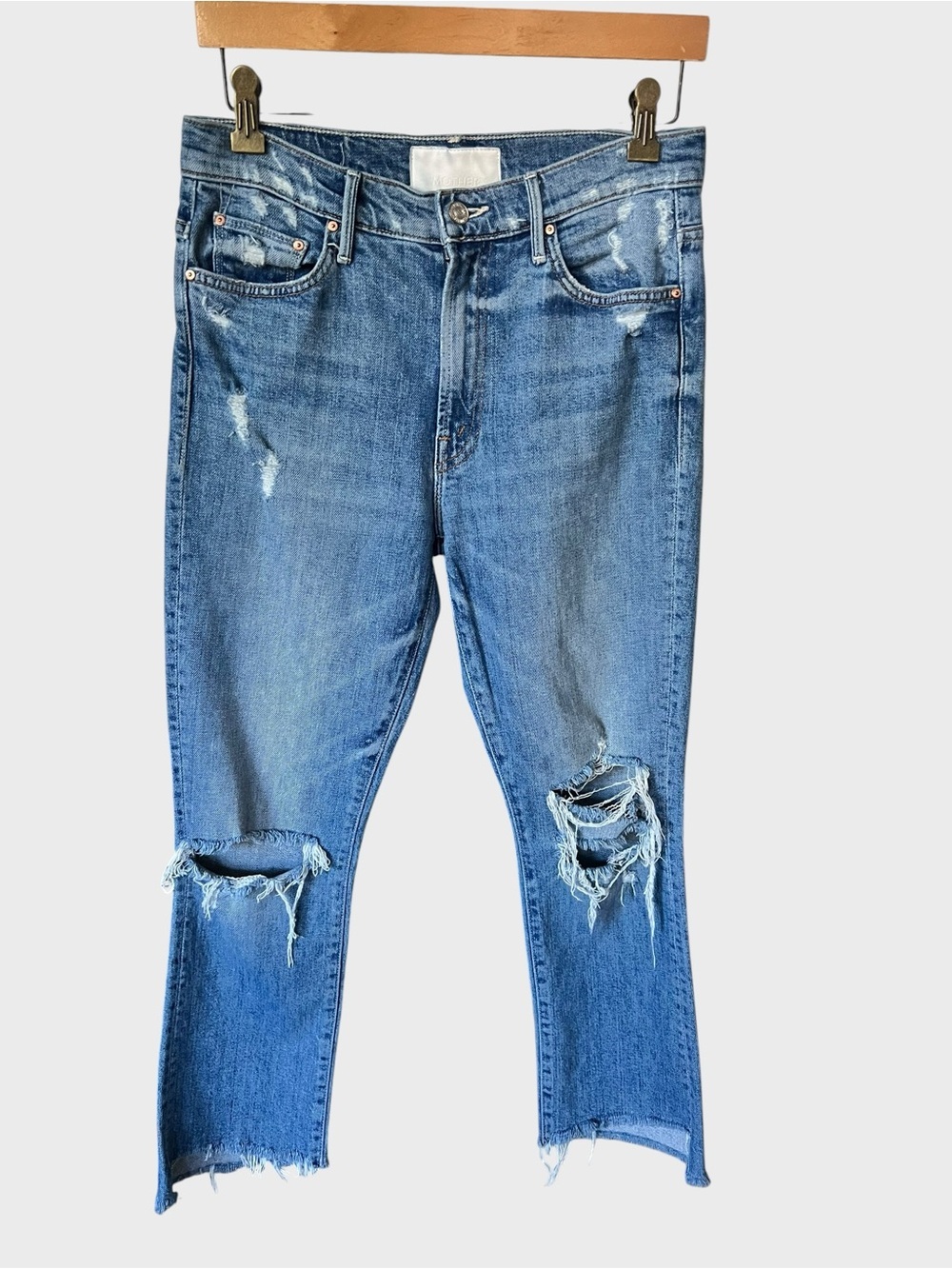 Mother denim high waisted Distressed Blue Cropped Ripped Jeans